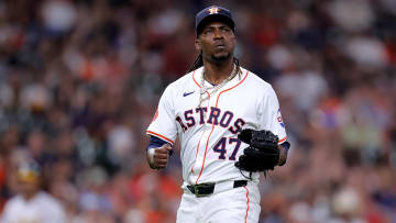 May 14, 2024; Houston, Texas, USA; Houston Astros relief pitcher Rafael Montero (47) reacts after retiring the side against the Oakland Athletics during the sixth inning at Minute Maid Park.