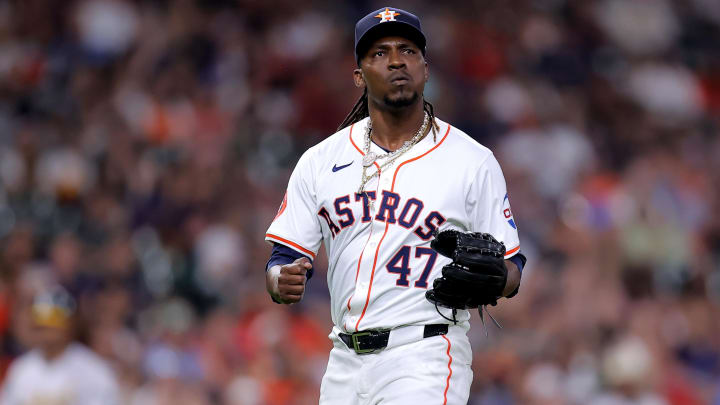 May 14, 2024; Houston, Texas, USA; Houston Astros relief pitcher Rafael Montero (47) reacts after retiring the side against the Oakland Athletics during the sixth inning at Minute Maid Park