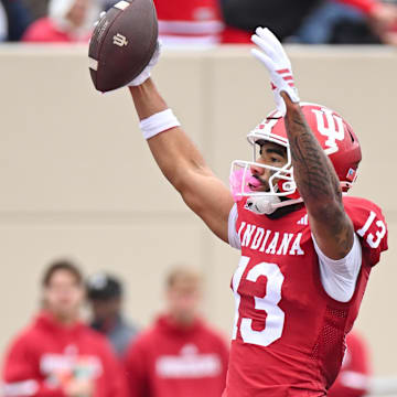 Indiana receiver Elijah Sarratt celebrates after a touchdown Oct. 25, 2025, against UCLA at Memorial Stadium.