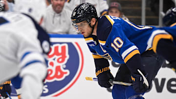 May 2, 2025; St. Louis, Missouri, USA; St. Louis Blues center Brayden Schenn (10) looks on prior to a face off against the Winnipeg Jets during the second period in game six of the first round of the 2025 Stanley Cup Playoffs at Enterprise Center. Mandatory Credit: Connor Hamilton-Imagn Images