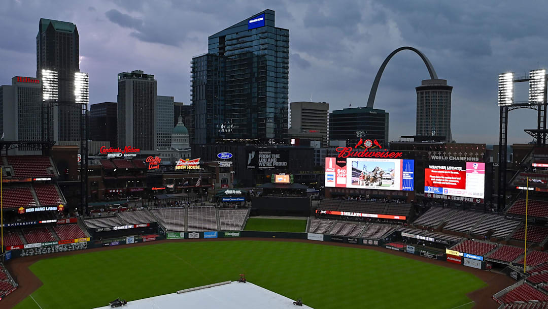 May 8, 2024; St. Louis, Missouri, USA;  A general view of the tarp on the field as storms move through the St. Louis region delaying a game between the St. Louis Cardinals and the New York Mets at Busch Stadium. Mandatory Credit: Jeff Curry-USA TODAY Sports