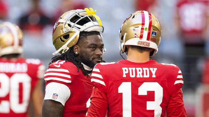 San Francisco 49ers quarterback Brock Purdy (13) with wide receiver Brandon Aiyuk (11)