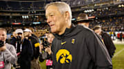 Iowa head football coach Kirk Ferentz celebrates a Holiday Bowl game win over USC on Friday, Dec. 27, 2019, at the SDCCU Stadium in San Diego, Calif.