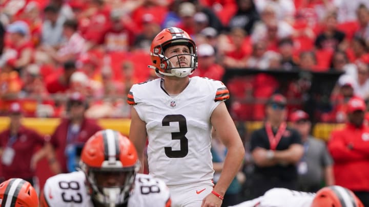 Aug 26, 2023; Kansas City, Missouri, USA; Cleveland Browns place kicker Cade York (3) prepares to kick a field goal against the Kansas City Chiefs during the second half at GEHA Field at Arrowhead Stadium. Mandatory Credit: Denny Medley-USA TODAY Sports