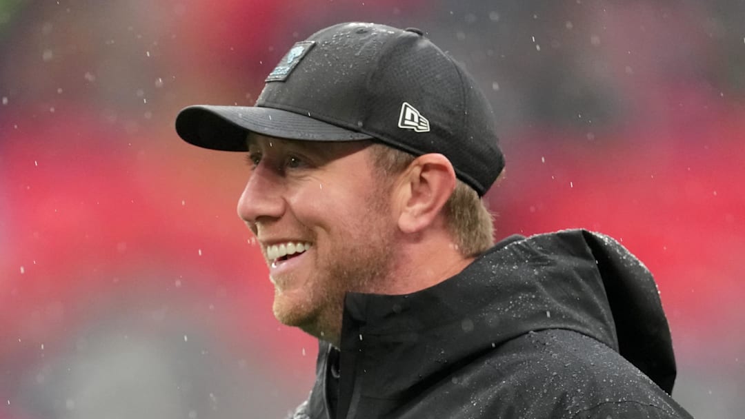 Oct 19, 2025; London, United Kingdom; Jacksonville Jaguars head coach Liam Coen looks on during warmups before a NFL International Series game between the Los Angeles Rams and the Jacksonville Jaguars at Wembley Stadium. Mandatory Credit: Kirby Lee-Imagn Images