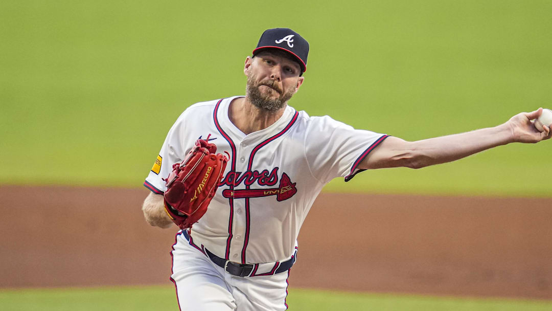 Sep 10, 2025; Cumberland, Georgia, USA; Atlanta Braves starting pitcher Chris Sale (51) pitches against the Chicago Cubs during the first inning at Truist Park. Mandatory Credit: Dale Zanine-Imagn Images