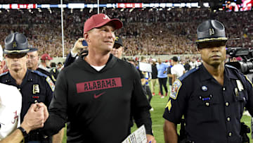 Sep 28, 2024; Tuscaloosa, Alabama, USA;  Alabama Crimson Tide head coach Kalen DeBoer leaves the field after defeating the Georgia Bulldogs at Bryant-Denny Stadium. Mandatory Credit: Gary Cosby Jr.-Imagn Images