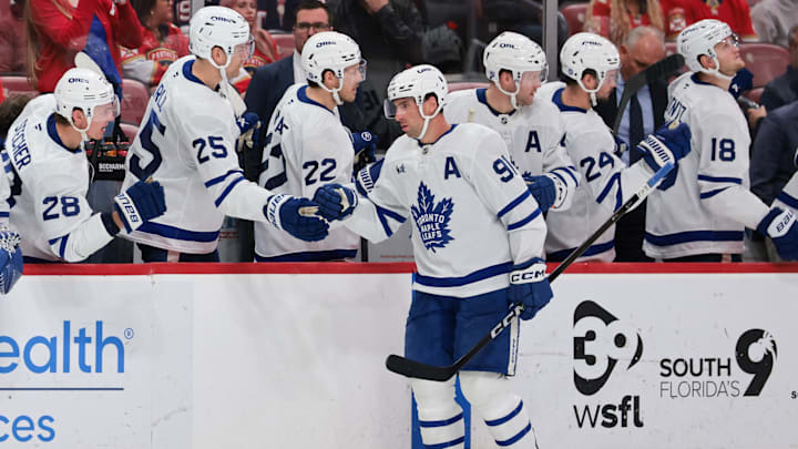 Feb 26, 2026; Sunrise, Florida, USA; Toronto Maple Leafs center John Tavares (91) celebrates after scoring against the Florida Panthers during the third period at Amerant Bank Arena. Mandatory Credit: Sam Navarro-Imagn Images