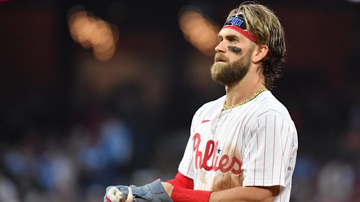 May 18, 2024; Philadelphia, Pennsylvania, USA;  Philadelphia Phillies first base Bryce Harper (3)