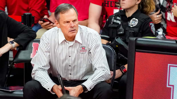 Nebraska Cornhuskers head coach John Cook during the first set against the Wisconsin Badgers.