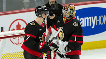 Jan 12, 2025; Ottawa, Ontario, CAN;Ottawa Senators left wing Brady Tkachuk (7) congratulates goalie Leevi Merilainen (1) following their win against the Dallas Stars  at the Canadian Tire Centre. Mandatory Credit: Marc DesRosiers-Imagn Images