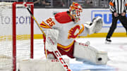 Apr 11, 2024; Los Angeles, California, USA; Calgary Flames goaltender Jacob Markstrom (25) makes a save in the second period against the Los Angeles Kings at Crypto.com Arena. Mandatory Credit: Jayne Kamin-Oncea-Imagn Images