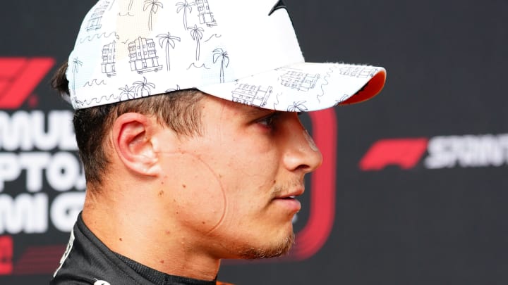 May 3, 2024; Miami Gardens, Florida, USA; McLaren driver Lando Norris (4) talks with the media after F1 Sprint Qualifying at Miami International Autodrome. Mandatory Credit: John David Mercer-USA TODAY Sports