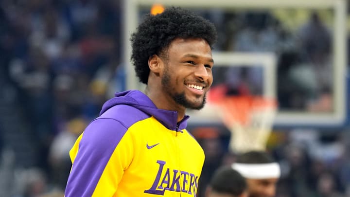 James all smiles before a Lakers game against the Golden State Warriors at Chase Center. 