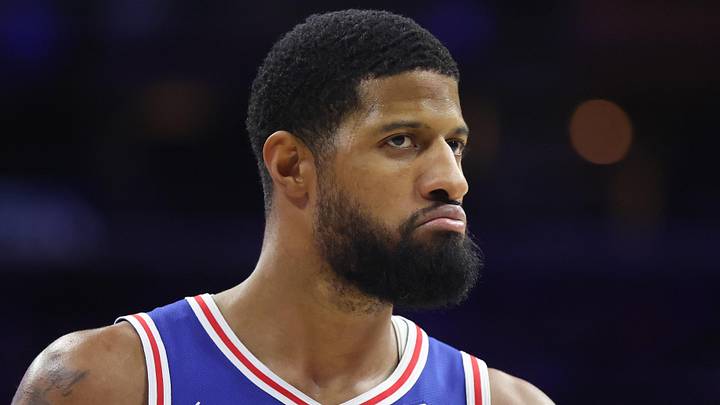Jan 27, 2026; Philadelphia, Pennsylvania, USA; Philadelphia 76ers forward Paul George (8) looks on after a score against the Milwaukee Bucks during the fourth quarter at Xfinity Mobile Arena. Mandatory Credit: Bill Streicher-Imagn Images