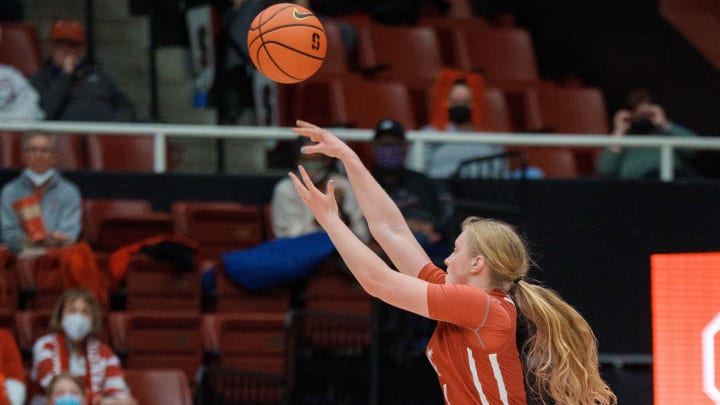 Feb 24, 2022; Stanford, California, USA;  Washington State Cougars guard Tara Wallack (1) shoots a three point shot during the second quarter against the Stanford Cardinal at Maples Pavilion. Mandatory Credit: Neville E. Guard-USA TODAY Sports