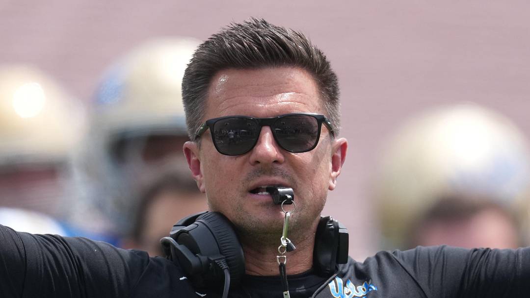 May 2, 2026; Pasadena, CA, USA; UCLA Bruins coach Bob Chesney reacts during the spring game at Rose Bowl. Mandatory Credit: Kirby Lee-Imagn Images
