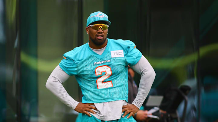 Jul 24, 2024; Miami Gardens, FL, USA; Miami Dolphins linebacker Bradley Chubb (2) looks during training camp at Baptist Health Training Complex. Mandatory Credit: Sam Navarro-Imagn Images