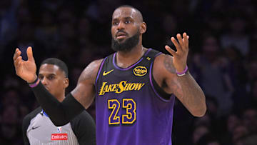 Jan 2, 2025; Los Angeles, California, USA; Los Angeles Lakers forward LeBron James (23) reacts after forward Rui Hachimura (28) was called for goaltending in the second half against the Portland Trail Blazers at Crypto.com Arena. Mandatory Credit: Jayne Kamin-Oncea-Imagn Images