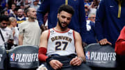 May 9, 2023; Denver, Colorado, USA; Denver Nuggets guard Jamal Murray (27) on the bench in the