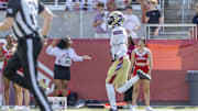 Jun 8, 2025; Birmingham, AL, USA; Michigan Panthers wide receiver Malik Turner (17) finishes a 76 yard touchdown reception against the Birmingham Stallions during the second half of the USFL conference championship football game at Protective Stadium. Mandatory Credit: Vasha Hunt-Imagn Images