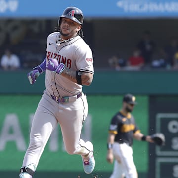 Aug 4, 2024; Pittsburgh, Pennsylvania, USA;  Arizona Diamondbacks second baseman Ketel Marte (4) circles the base on a solo home run against the Pittsburgh Pirates during the ninth inning at PNC Park. Mandatory Credit: Charles LeClaire-Imagn Images