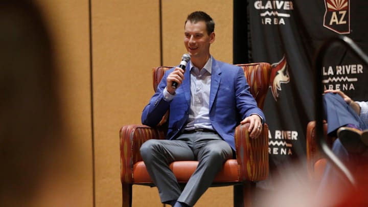Coyotes GM John Chayka answers questions from Matt McConnell (R) at Renaissance Phoenix Glendale Hotel & Spa in Glendale, Ariz. on June 28, 2019. 

Coyotes