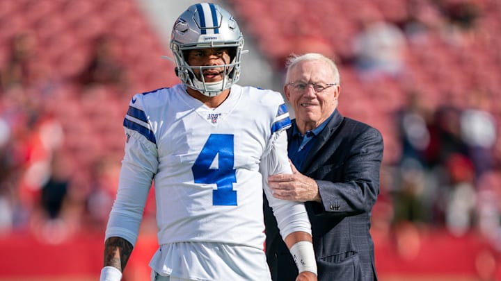 Dallas Cowboys quarterback Dak Prescott (4) and owner Jerry Jones