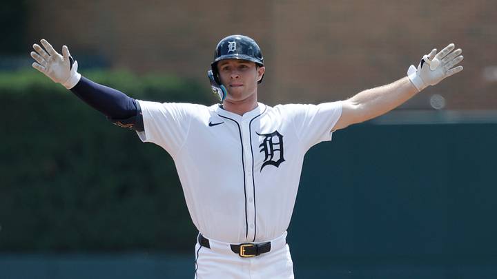 Detroit Tigers second baseman Colt Keith celebrates at second base in a game at Comerica Park against the Los Angeles Dodgers