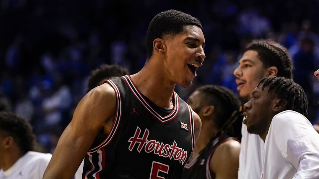 Feb 7, 2026; Provo, Utah, USA; Houston Cougars forward Chris Cenac Jr. (5) reacts during the second half against the BYU Cougars at Marriott Center. Mandatory Credit: Aaron Baker-Imagn Images Feb 7, 2026; Provo, Utah, USA; Houston Cougars forward Chris Cenac Jr. (5) reacts during the second half against the BYU Cougars at Marriott Center. Mandatory Credit: Aaron Baker-Imagn Images
