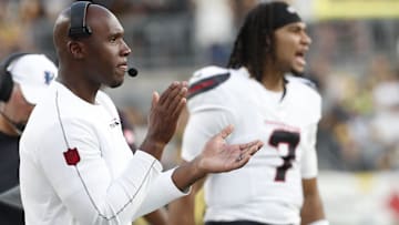  Houston Texans head coach DeMeco Ryans (left) reacts after a  Texans touchdown against the Pittsburgh Steelers during the second quarter at Acrisure Stadium.