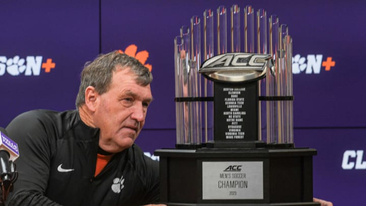 Clemson men's soccer head coach Mike Noonan speaks in the Smart Family Media Center at the Smart Family Media Center at the Poe Indoor Practice Facility in Clemson, S.C. Tuesday, November 14, 2023.