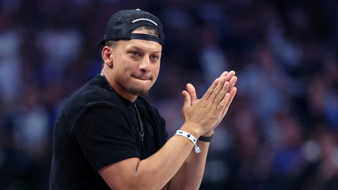 Jun 12, 2024; Dallas, Texas, USA; Kansas City Chiefs quarterback Patrick Mahomes reacts after a play during the second quarter during game three of the 2024 NBA Finals between the Boston Celtics and the Dallas Mavericks at American Airlines Center. Mandatory Credit: Kevin Jairaj-USA TODAY Sports