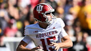Sep 27, 2025; Iowa City, Iowa, USA; Indiana Hoosiers quarterback Fernando Mendoza (15) throws a pass against the Iowa Hawkeyes during the second quarter at Kinnick Stadium. Mandatory Credit: Jeffrey Becker-Imagn Images