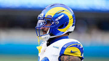 Nov 30, 2025; Charlotte, North Carolina, USA; Los Angeles Rams running back Kyren Williams (23) looks on before the game against the Carolina Panthers at Bank of America Stadium. Mandatory Credit: Jim Dedmon-Imagn Images