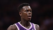 Nov 12, 2025; Sacramento, California, USA; Sacramento Kings guard Dennis Schroder (17) between plays against the Atlanta Hawks during the first quarter at Golden 1 Center. Mandatory Credit: Kelley L Cox-Imagn Images