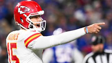 Nov 2, 2025; Orchard Park, New York, USA; Kansas City Chiefs quarterback Patrick Mahomes (15) reacts in the second half against the Buffalo Bills at Highmark Stadium.