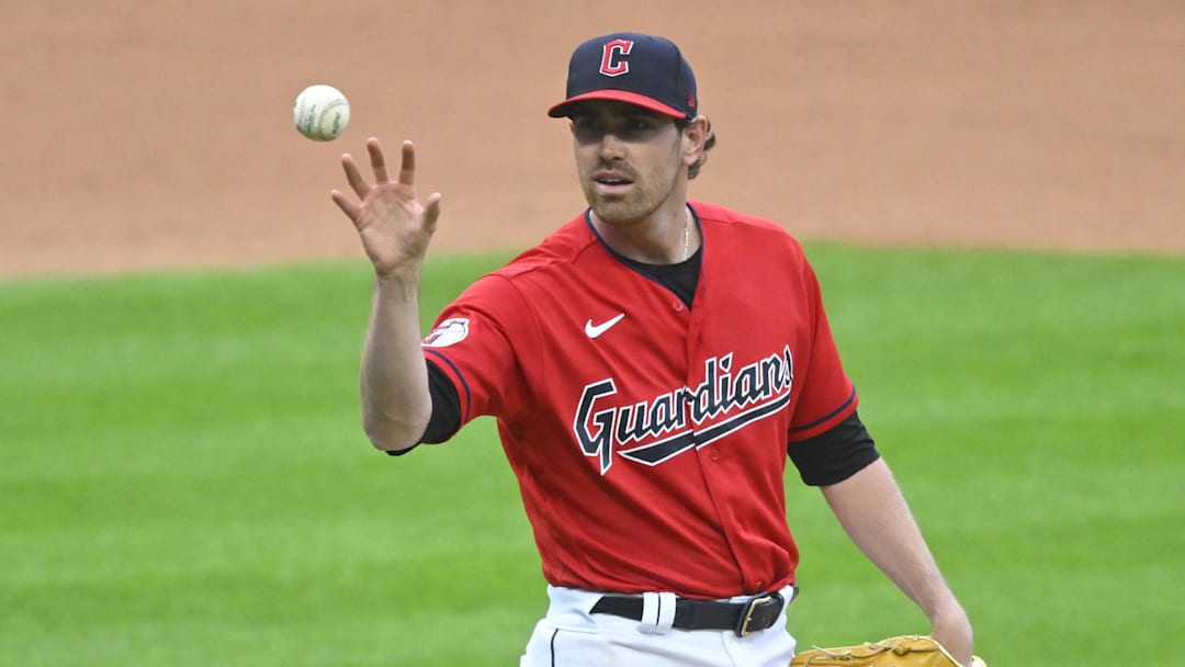 Apr 22, 2023; Cleveland, Ohio, USA; Cleveland Guardians starting pitcher Shane Bieber (57) reacts after giving up a home run in the sixth inning against the Miami Marlins at Progressive Field.