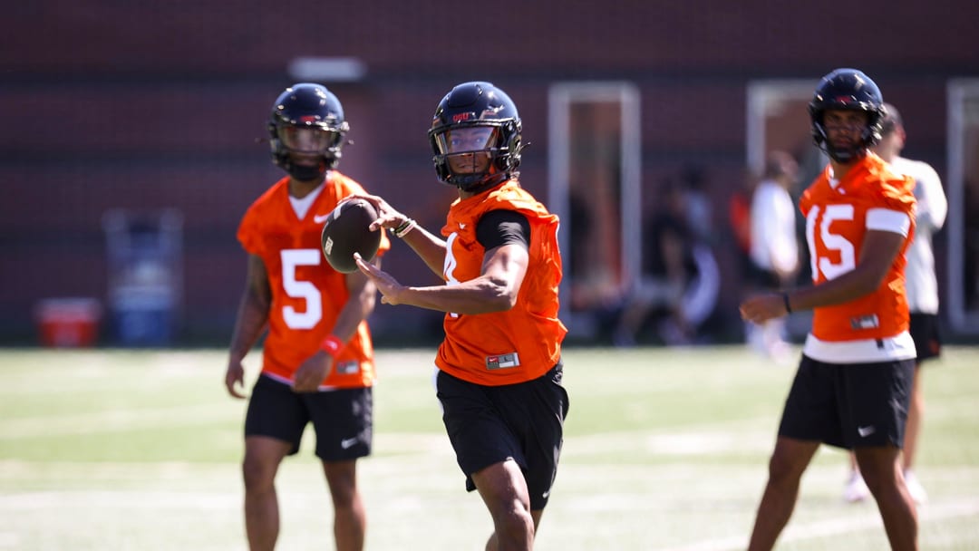 Oregon State quarterback Gevani McCoy (4) prepares for the upcoming football season during a practice on Wednesday, July 31, 2024 in Corvallis, Ore.