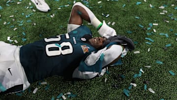 Feb 9, 2025; New Orleans, LA, USA; Philadelphia Eagles linebacker Jalyx Hunt (58) celebrates on the field after Super Bowl LIX against the Kansas City Chiefs at Caesars Superdome. Mandatory Credit: Geoff Burke-Imagn Images