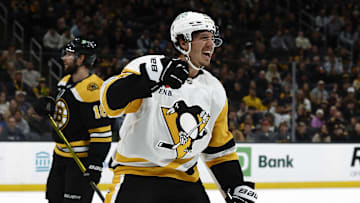 Nov 29, 2024; Boston, Massachusetts, USA; Pittsburgh Penguins right wing Rickard Rakell (67) celebrates his goal as Boston Bruins center Pavel Zacha (18) skates away during the second period at TD Garden. Mandatory Credit: Winslow Townson-Imagn Images