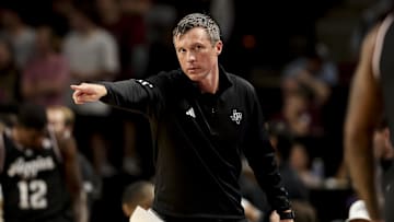 Nov 21, 2025; College Station, Texas, USA; Texas A&M Aggies head coach Bucky McMillan motions during the first half against the Manhattan Jaspers at Reed Arena. Mandatory Credit: Maria Lysaker-Imagn Images 