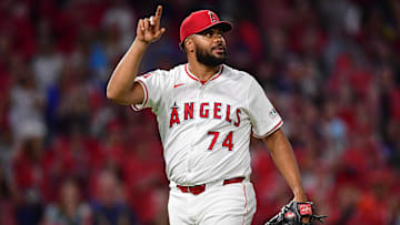 Sep 26, 2025; Anaheim, California, USA; Los Angeles Angels pitcher Kenley Jansen (74) celebrates the victory against the Houston Astros at Angel Stadium. Mandatory Credit: Gary A. Vasquez-Imagn Images