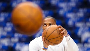 Apr 28, 2024; Dallas, Texas, USA; LA Clippers guard Russell Westbrook (0) warms up before the game