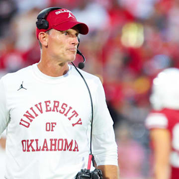 Sep 7, 2024; Norman, Oklahoma, USA; Oklahoma Sooners head coach Brent Venables reacts during the second half against the Houston Cougars at Gaylord Family-Oklahoma Memorial Stadium. Mandatory Credit: Kevin Jairaj-Imagn Images