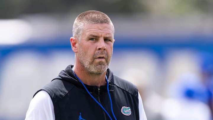 Florida Gators head coach Billy Napier watches receivers run routes during Fall practice at Sanders Practice Fields in Gainesville, FL on Thursday, August 1, 2024. [Doug Engle/Gainesville Sun]