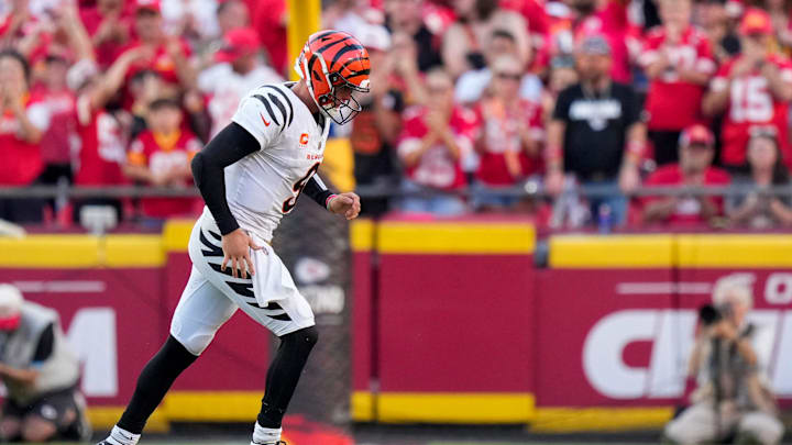 Cincinnati Bengals quarterback Joe Burrow (9) runs off the field after being sacked in the fourth quarter of the NFL Week 2 game between the Kansas City Chiefs and the Cincinnati Bengals at Arrowhead Stadium in Kansas City on Sunday, Sept. 15, 2024. The Chiefs took a 26-25 win with a go-ahead field goal as time expired.