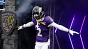 Dec 7, 2025; Baltimore, Maryland, USA; Baltimore Ravens cornerback Nate Wiggins (2) runs onto the field before the game against the Pittsburgh Steelers at M&T Bank Stadium. Mandatory Credit: Peter Casey-Imagn Images