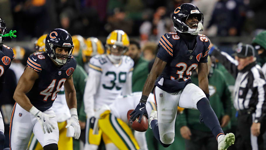 Chicago Bears cornerback Josh Blackwell (39) celebrates recovering an onside kick mishandled by the Green Bay Packers.