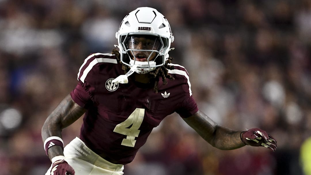 Oct 11, 2025; College Station, Texas, USA; Texas A&M Aggies cornerback Will Lee III (4) defends in coverage during the second half against the Florida Gators at Kyle Field. Mandatory Credit: Maria Lysaker-Imagn Images 